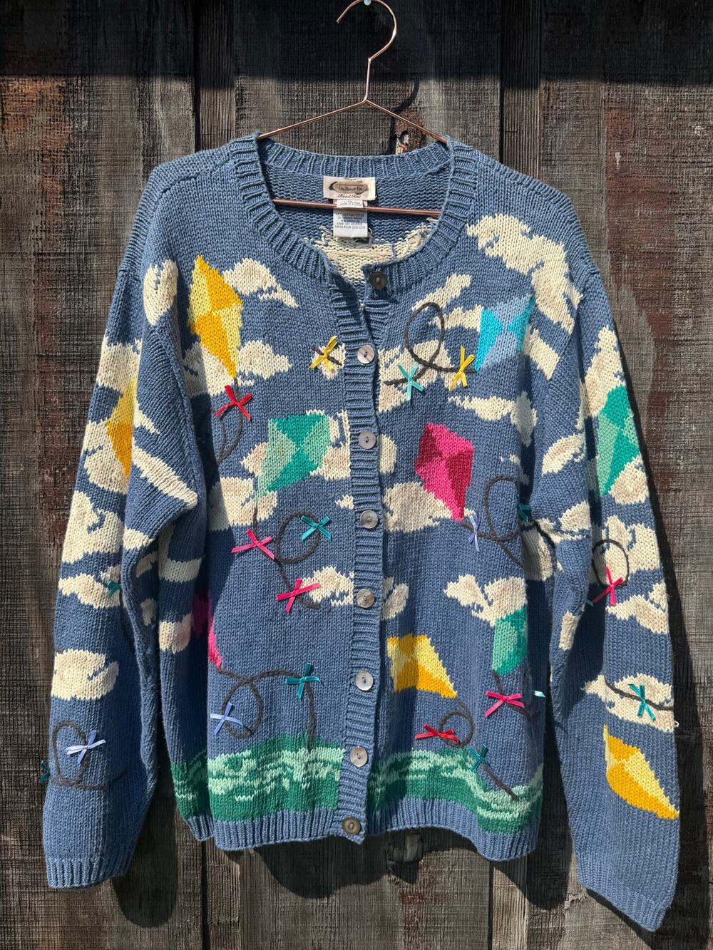 Vintage 90s Hand Knit Kite Clouds Cardigan, XL